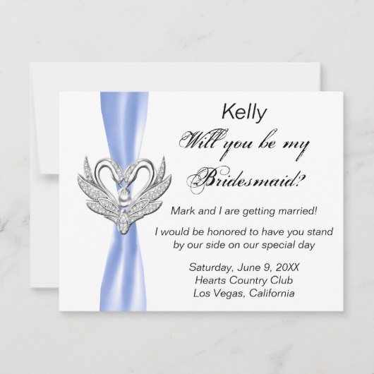 Blue Ribbon Silver Swans Bridesmaid Card Einladung (Vorderseite)