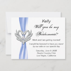 Blue Ribbon Silver Swans Bridesmaid Card Einladung