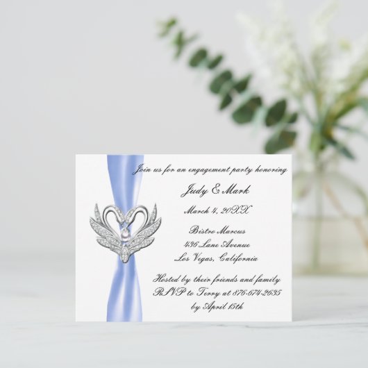 Blue Ribbon Silver Swans Engagement Party einladen Einladung (Stehend Vorderseite)