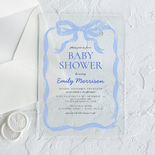 Blue Ribbon Watercolor Bow Boy Baby Dusche Acryleinladungen