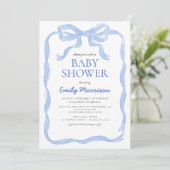 Blue Ribbon Watercolor Bow Boy Baby Dusche Einladung (Stehend Vorderseite)