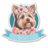 Blue Ribbon, Yorkshire & Pink Blume nach Maß Aufkleber (Vorderseite)