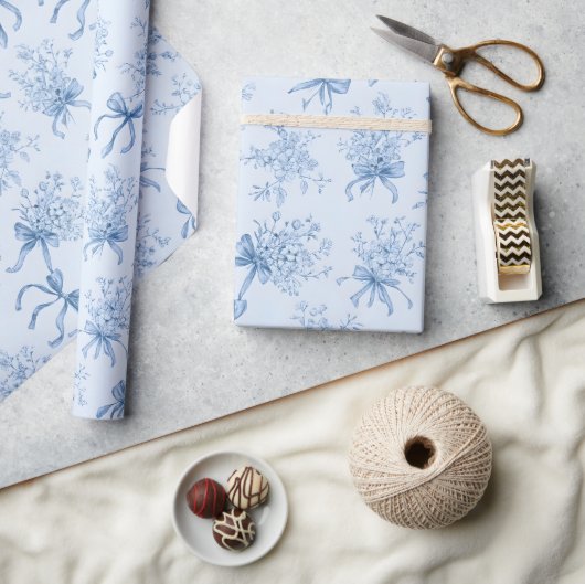 Blue Ribbons and Bows Toile Coquette Pattern  Geschenkpapier (Basteln)