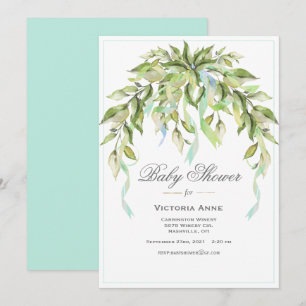 Blue Ribbons Greenery Elegant Baby Shower Einladung
