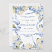 Blue Ribbons & Hydrangeas Elegante Hochzeit Einladung (Vorderseite)
