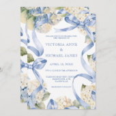 Blue Ribbons & Hydrangeas Elegante Hochzeit Einladung (Vorne/Hinten)