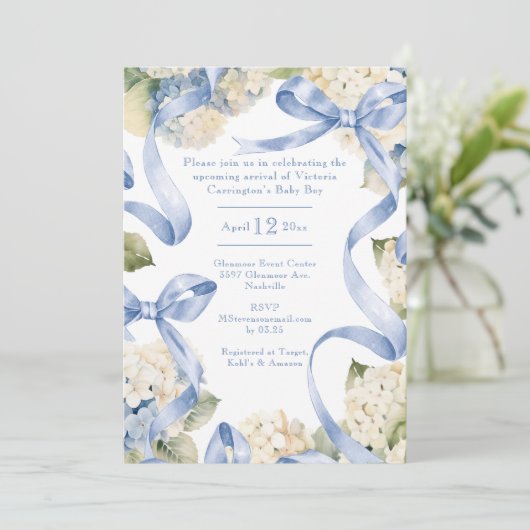 Blue Ribbons & Hydrangeas Kinderdusche Einladung (Stehend Vorderseite)