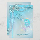 Blue Ribbons Lace Pearls Dolphin Boy Baby Dusche Einladung (Vorne/Hinten)