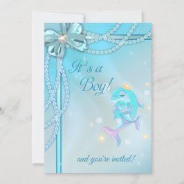 Blue Ribbons Lace Pearls Dolphin Boy Baby Dusche Einladung