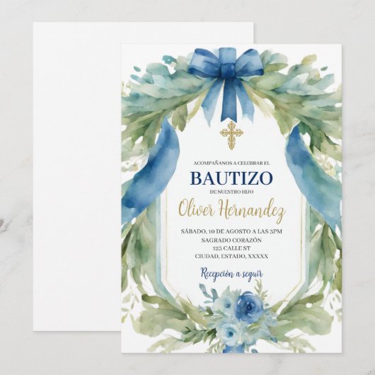 Blue Ribon Bautizo Spanisch Einladung (Vorne/Hinten)