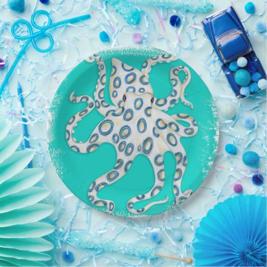 Blue Ring Octopus Aquamarin Art Pappteller (Party)
