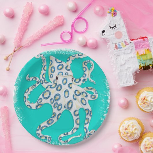 Blue Ring Octopus Aquamarin Art Pappteller (Party)