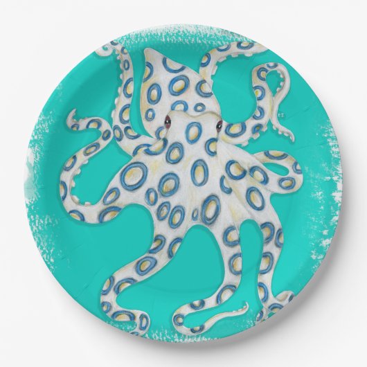 Blue Ring Octopus Aquamarin Art Pappteller (Vorderseite)