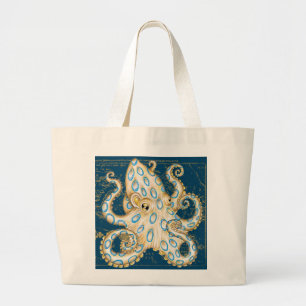 Blue Ring Octopus Indigo Vintag Map Nautic Jumbo Stoffbeutel