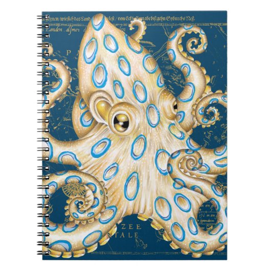 Blue Ring Octopus Indigo Vintag Map Nautic Notizblock (Vorderseite)