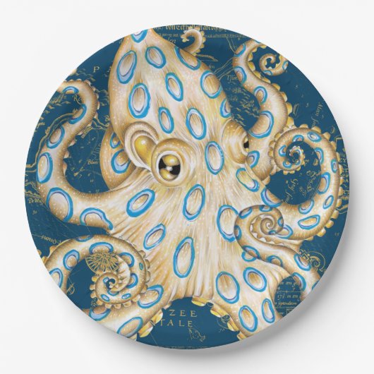 Blue Ring Octopus Indigo Vintag Map Nautic Pappteller (Vorderseite)