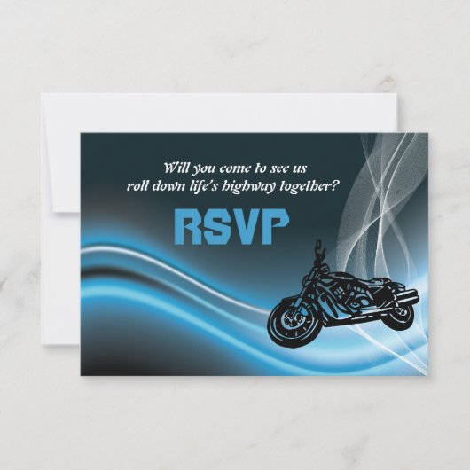 Blue Road Biker Hochzeit RSVP Antwortkarte (Vorderseite)