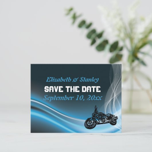 Blue Road Biker Hochzeit Save the Date Postcard Ankündigungspostkarte (Stehend Vorderseite)