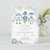 Blue Robot Birthday Einladung (Stehend Vorderseite)