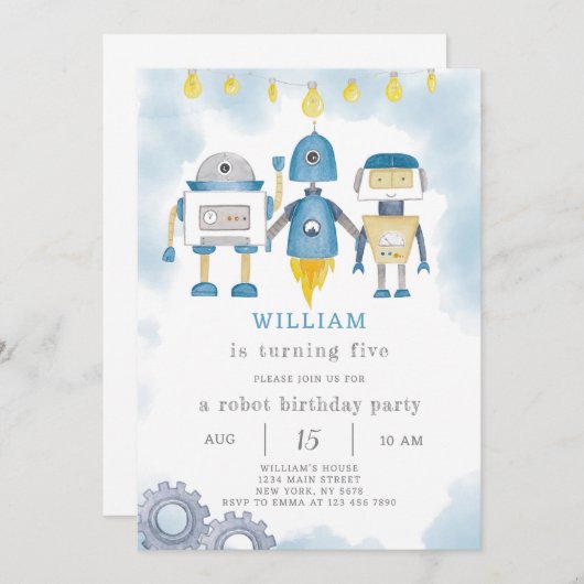 Blue Robot Birthday Einladung (Vorne/Hinten)