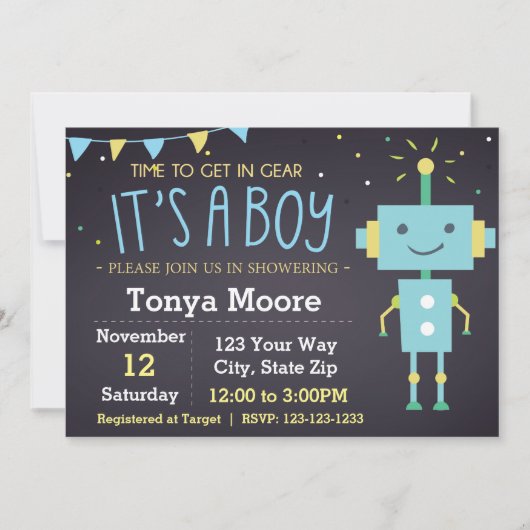Blue Robot Chalkboard Baby Dusche Einladung (Vorderseite)
