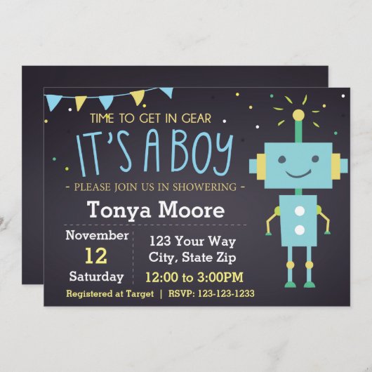 Blue Robot Chalkboard Baby Dusche Einladung (Vorne/Hinten)