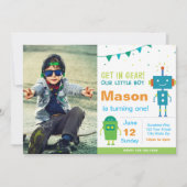 Blue Robot Geburtstagsparty Einladung mit Foto (Vorderseite)