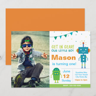 Blue Robot Geburtstagsparty Einladung mit Foto