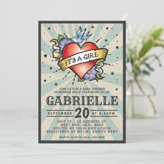 Blue Rock and Roll Tattoo Baby Dusche Einladung (Stehend Vorderseite)
