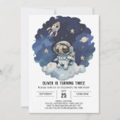 Blue Rocket Modern Astronaut Boy Birthday Einladung (Vorderseite)