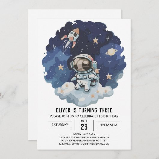Blue Rocket Modern Astronaut Boy Birthday Einladung (Vorne/Hinten)