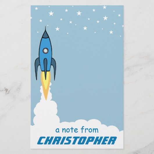 Blue Rocket Ship Äußere Raumkids Mit Monogramm Nam Briefpapier (Vorderseite)