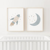 Blue Rocket Ship Moon Weltraum Kids Room Bilderwand Sets