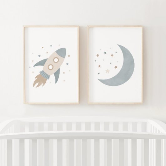 Blue Rocket Ship Moon Weltraum Kids Room Bilderwand Sets