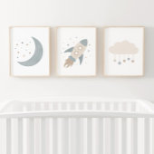 Blue Rocket Ship Moon Weltraum Kids Room Bilderwand Sets