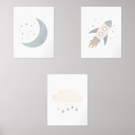 Blue Rocket Ship Moon Weltraum Kids Room Bilderwand Sets (Vorderseite)