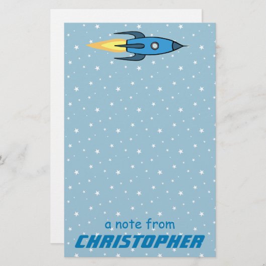 Blue Rocket Ship Weltraumjunge Personalisierte Jun Briefpapier (Vorne/Hinten)