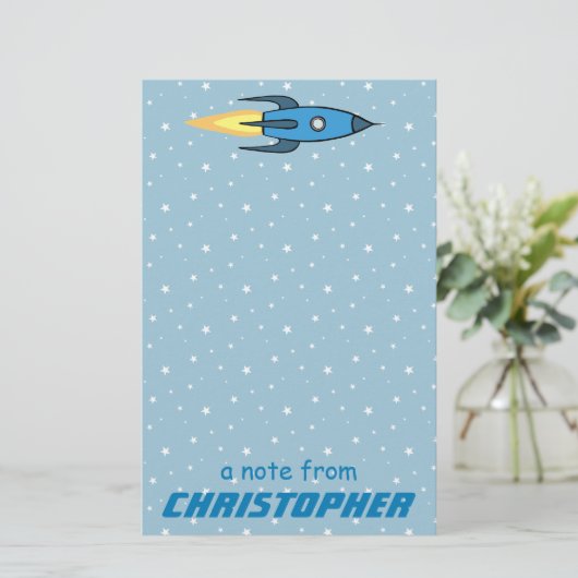 Blue Rocket Ship Weltraumjunge Personalisierte Jun Briefpapier (Stehend Vorderseite)