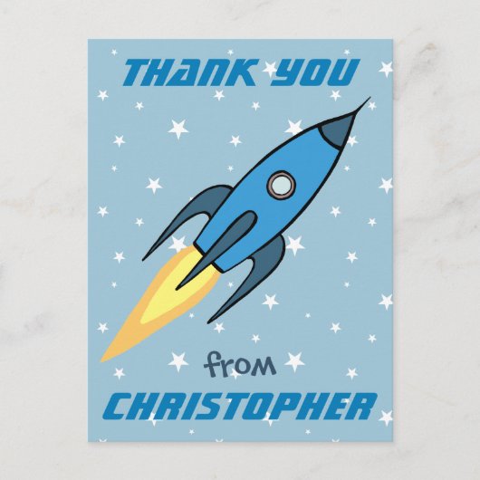 Blue Rocket Ship Weltraumkids Vielen Dank | Junge Postkarte (Vorderseite)