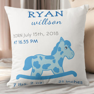 Blue Rocking Horse Baby Boy Birth Stats Kissen