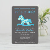 Blue Rocking Horse Baby Boy Shower Einladung (Stehend Vorderseite)