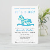 Blue Rocking Horse Baby Boy Shower Einladung (Stehend Vorderseite)