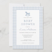 Blue Rocking Horse Gingham Border Boy Baby Dusche Einladung (Vorderseite)
