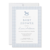 Blue Rocking Horse Gingham Border Boy Baby Dusche
