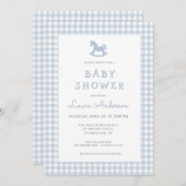 Blue Rocking Horse Gingham Border Boy Baby Dusche Einladung (Vorne/Hinten)