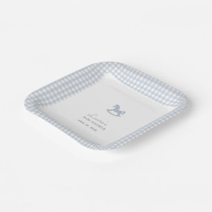 Blue Rocking Horse Gingham Border Boy Baby Dusche Pappteller