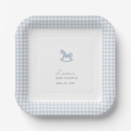 Blue Rocking Horse Gingham Border Boy Baby Dusche Pappteller