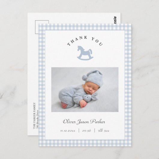 Blue Rocking horse Gingham Boy Birth Announcement Postkarte (Vorne/Hinten)