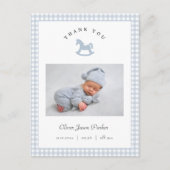 Blue Rocking horse Gingham Boy Birth Announcement Postkarte (Vorderseite)