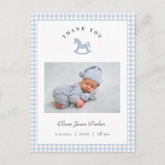 Blue Rocking horse Gingham Boy Birth Announcement Postkarte